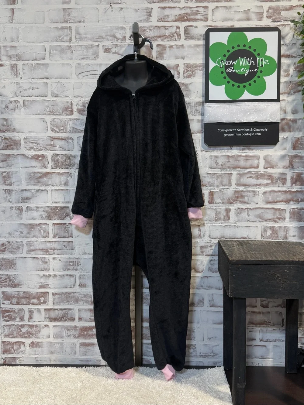 Kuromi Black Plush with Pink Skull Detail fleece one piece 7/8